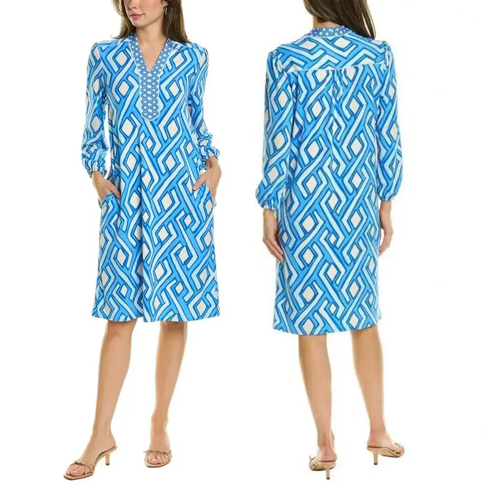 J McLaughlin Emer Long Sleeve Blue White Vilhada Souk Geometric Print Mini Dress